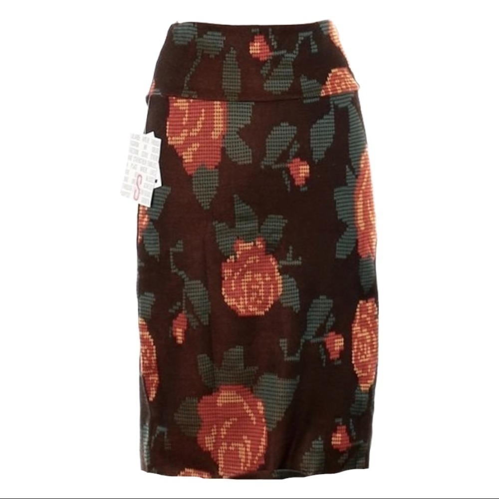 LuLaRoe Cassie Skirt Small Brown Pixel Rose Floral Print Stretch Pencil NWT